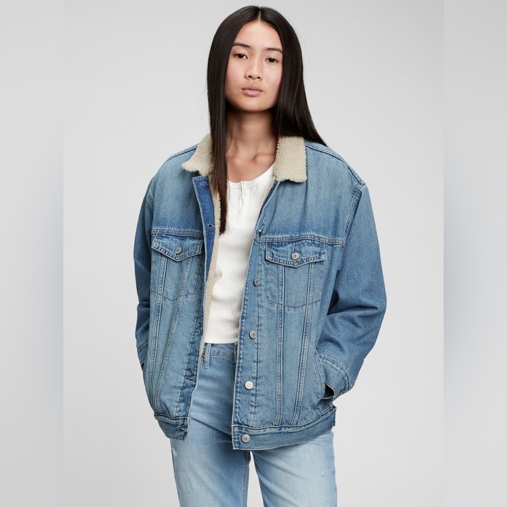 Gap Teen Oversized Denim Sherpa Jean Jacket Size 8 Light Wash